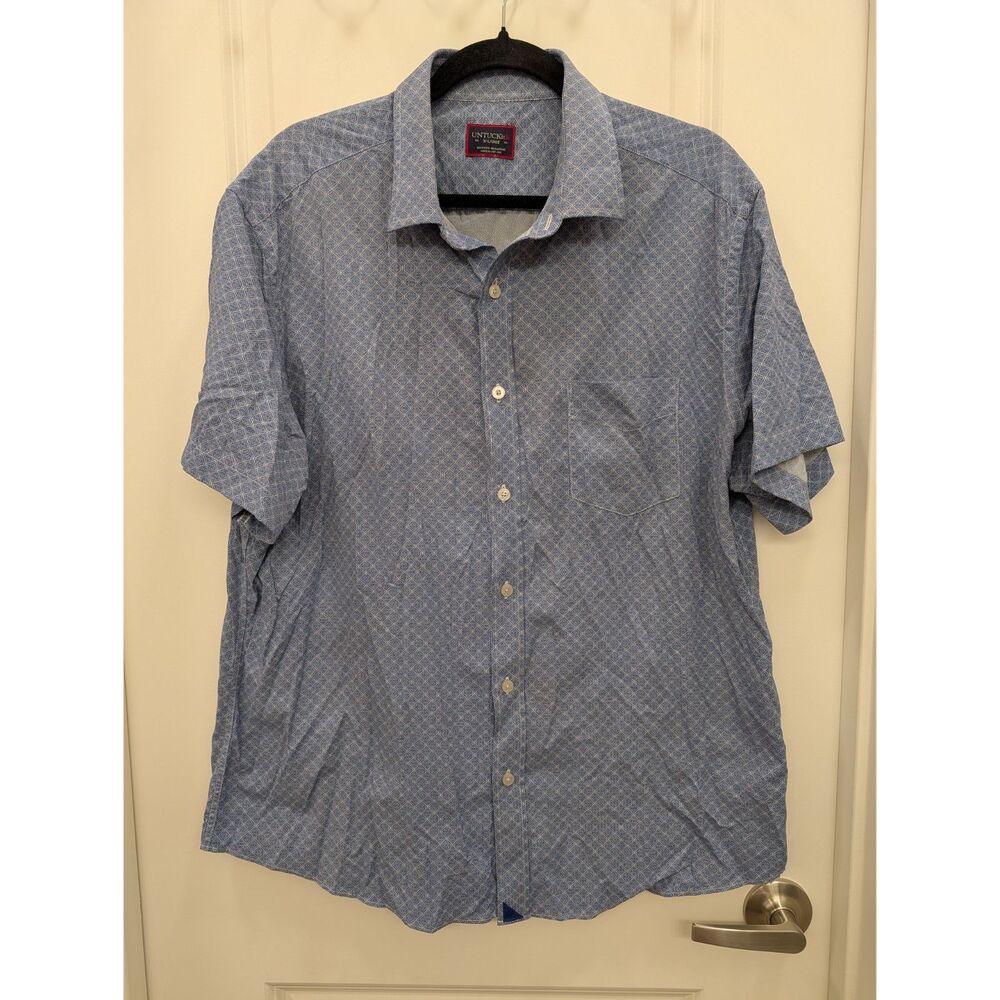 UNTUCKit Blue Geometric Print Short Sleeve Button Down Shirt Men XL FLAW